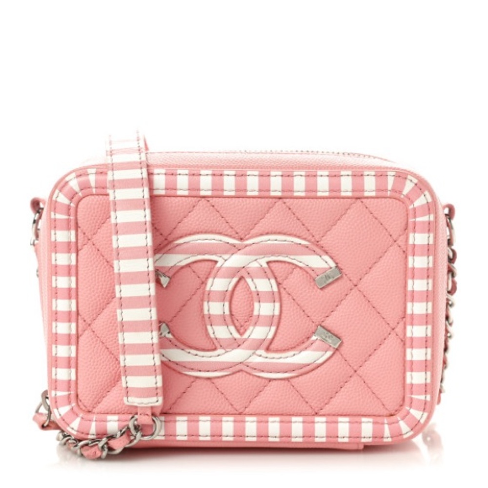 CHANEL Caviar Quilted Striped CC Filigree Clutch With Chain Pink White